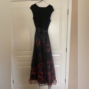 Ignite Evenings by David’s Bridal black and floral floor length dress